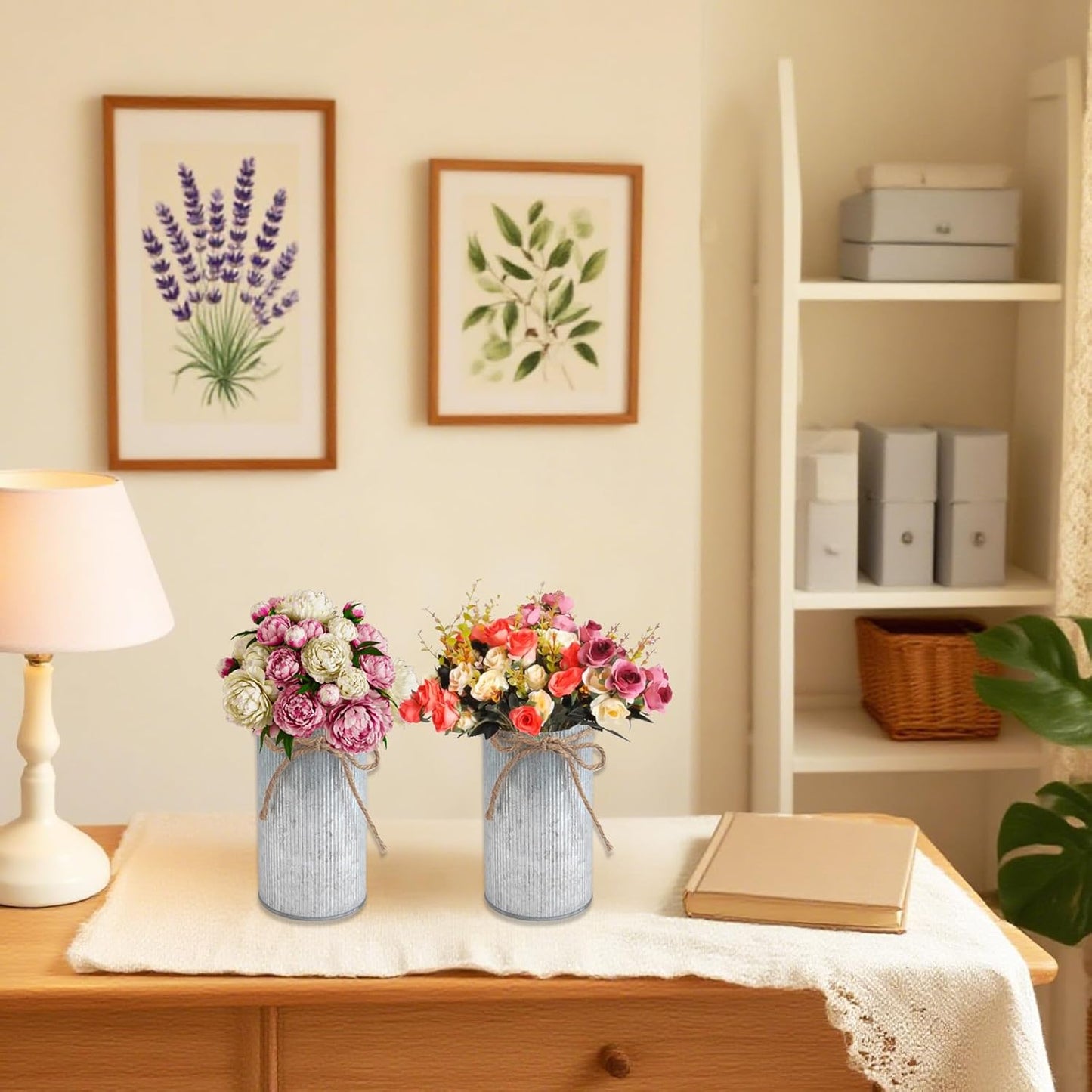 6" High Vase Centerpiece for Table, Rustic Farmhouse Mason Jars with Twine Bow, Vintage Galvanized Metal Flower Container for Wedding Home Decor (Silver, 6Pcs)