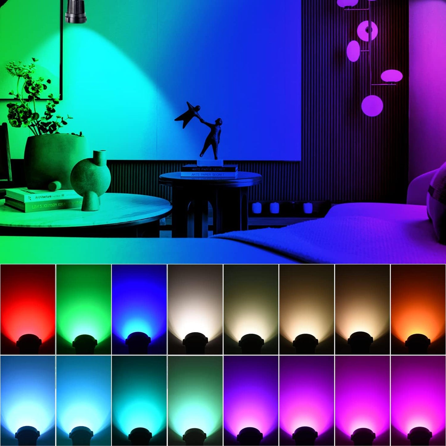 Spot Lights Indoor, 5W RGBW Uplighting 16 Color Changing Up Lights Indoor with Remote Control, Plant Spotlight Decorative (2 Pack with Base and Stake)