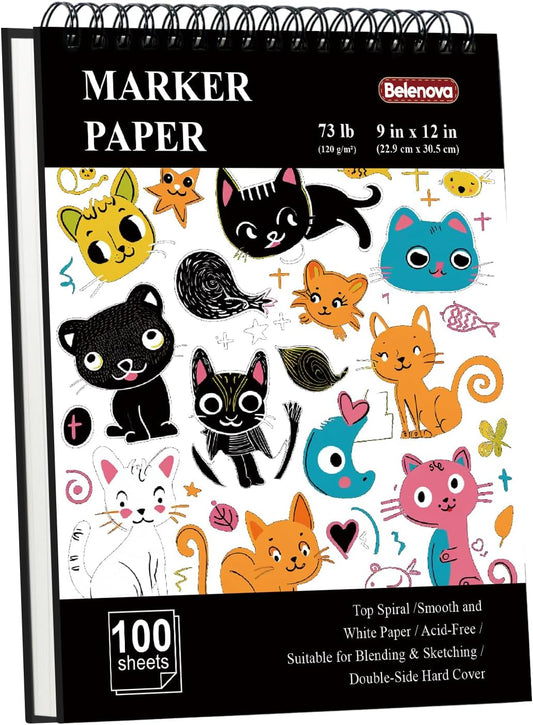 Belenova 9" x 12" Marker Paper Pad, 100 Sheets Bleedproof Sketchbook for Alcohol Markers - 73lb/120gsm Art Supplies for Drawing & Coloring (Kids/Adults).