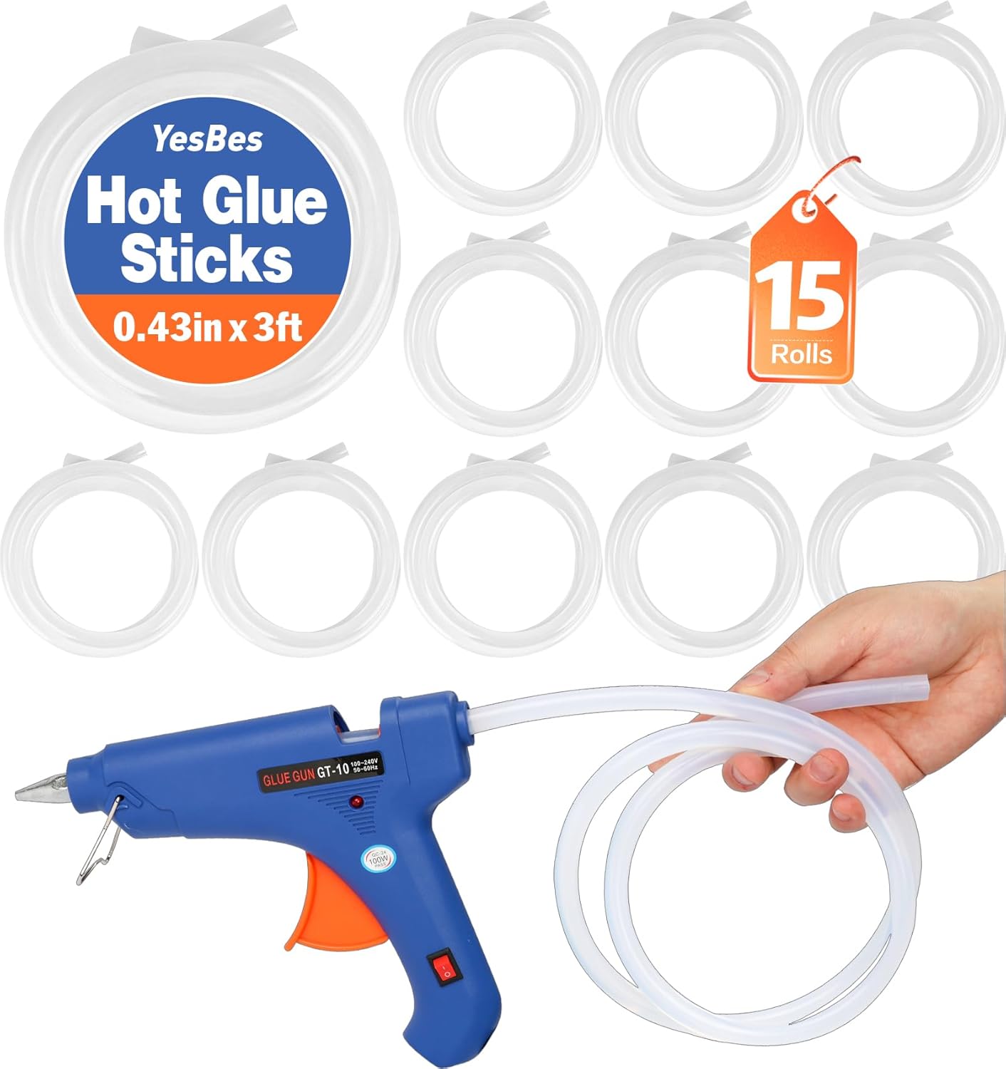 15 Rolls Hot Glue Sticks, Each Full Size 3 FT Long x 0.43" Diameter Glue Sticks for Glue Gun, Widely Used in Wood, Metal, Glass, Plastic, Floral, Fabric, and More