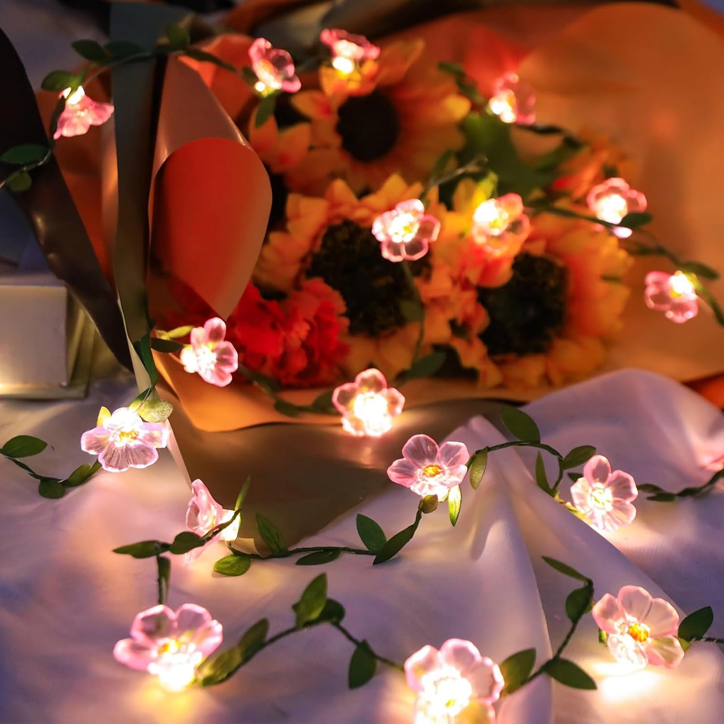 Decorative Fairy Vine Flower String Lights With Leaf, USB Plug In 16.5ft 50 LED Pink Cherry Blossom Garland Spring Decorations for Bedroom Wall Wedding Birthday Christmas Hanging Decor (Warm White)
