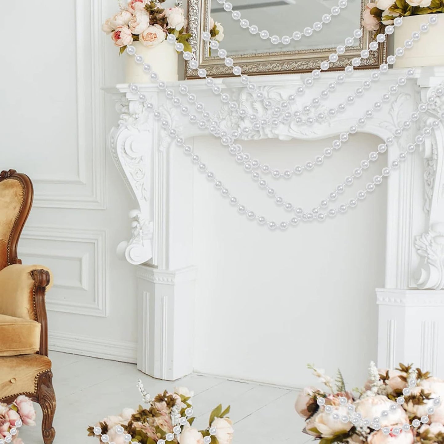 Faux Pearl Beads Garland - 10mm Christmas Tree Beads, 11 Yards White Pearl Strands Spool for Wedding Party & Christmas Tree Decoration