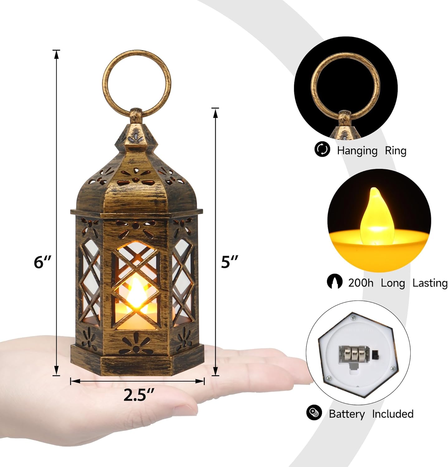 LLQ Mini Lantern with LED Candle, 12PCS Small Lanterns Decorative Indoor, Vintage Moroccan Lights for Halloween Decorations, Hanging Ornaments for Christmas, Table Centerpiece, Boho Wedding Decor