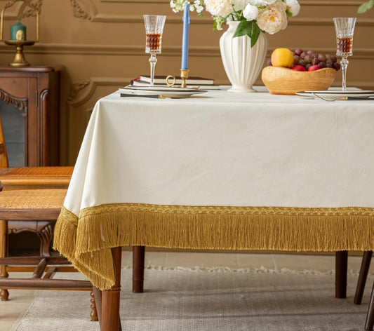 F-CHU Luxury White Tablecloth Thickset Velvet Tablecloth with Beautiful Gold Tassels Vintage Table Cloth for Home Decor Wedding, Party, Banquet and Events 60x70-Inch