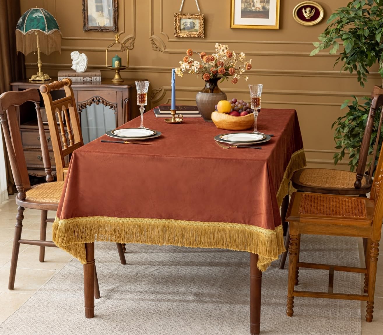 F-CHU Luxury Burnt Orange Tablecloth Thickset Velvet Tablecloth with Beautiful Gold Tassels Table Cloth for Home Decor Wedding, Party, Banquet and Events 60x86-Inch