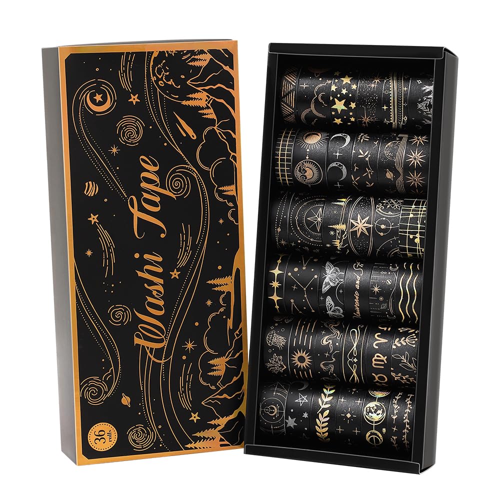 36 Rolls Glow-in-The-Dark Starry Washi Tape Set with Gold Foil Celestial Patterns - Writeable Decorative Tapes for Scrapbooking, Bible Journaling, Bullet Journals 0.6" x 79" per Roll