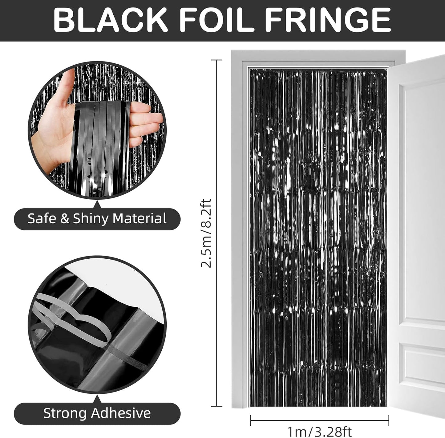 Black Fringe Curtain Party Streamers, 12 Pack 3.3ft x 8.2ft Foil Curtain Backdrop Tinsel Foil Fringe Curtains Photo Booth Backdrop Streamer for Birthday, Wedding, Baby Shower, Disco Party