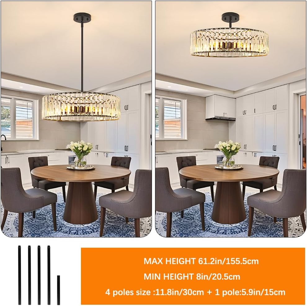 Modern Crystal Chandelier, 6-light Dinning Room Light Fixture, Round Pendant Light Kitchen Island, Black Hallway Light Fixture, Semi Flush Mount Ceiling for Living Room Entryway Bedroom Foyer, E26