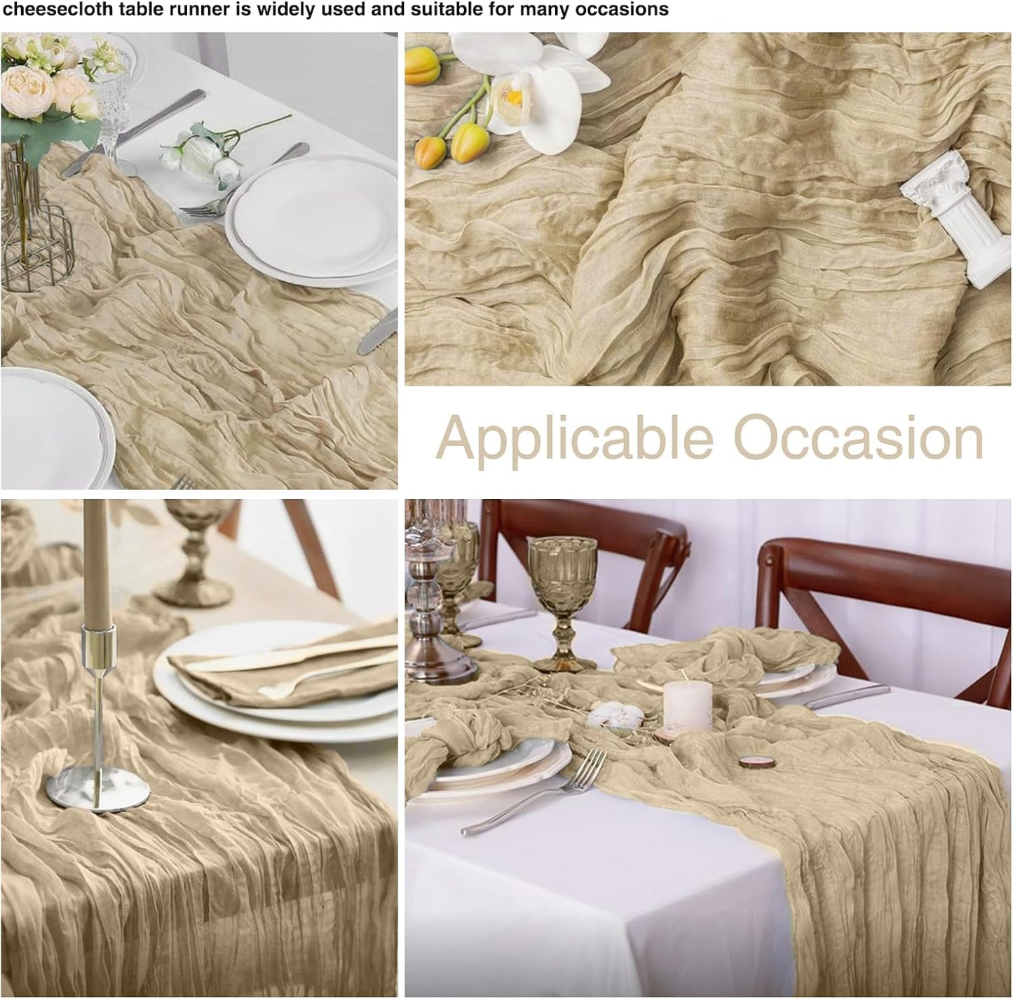 20 Pack Beige Cheesecloth Table Runner 17x108 Inch Boho Wrinkled Sheer Gauze Cheese Cloth Table Runner Bulk Decor for Wedding, Bridal Shower, Birthday Party