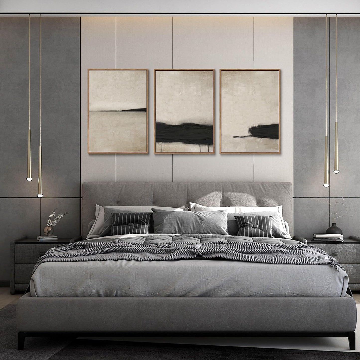 myusuar 3 Piece Large Modern Abstract Canvas Framed Wall Art For Living Room, Black And Beige Vintage Minimalist Wall Art Decor Posters Prints For Bedroom Office 24x36in