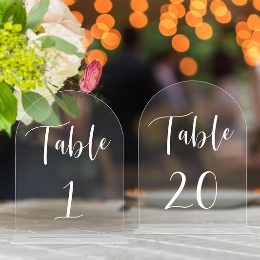 JOYIT Arch Wedding Table Numbers 1-20 with Stands – 5" X 7" Acrylic Table Signs with Clear Background White Text, Perfect Acrylic Table Numbers for Wedding Receptions, Parties, Anniversaries, and Events
