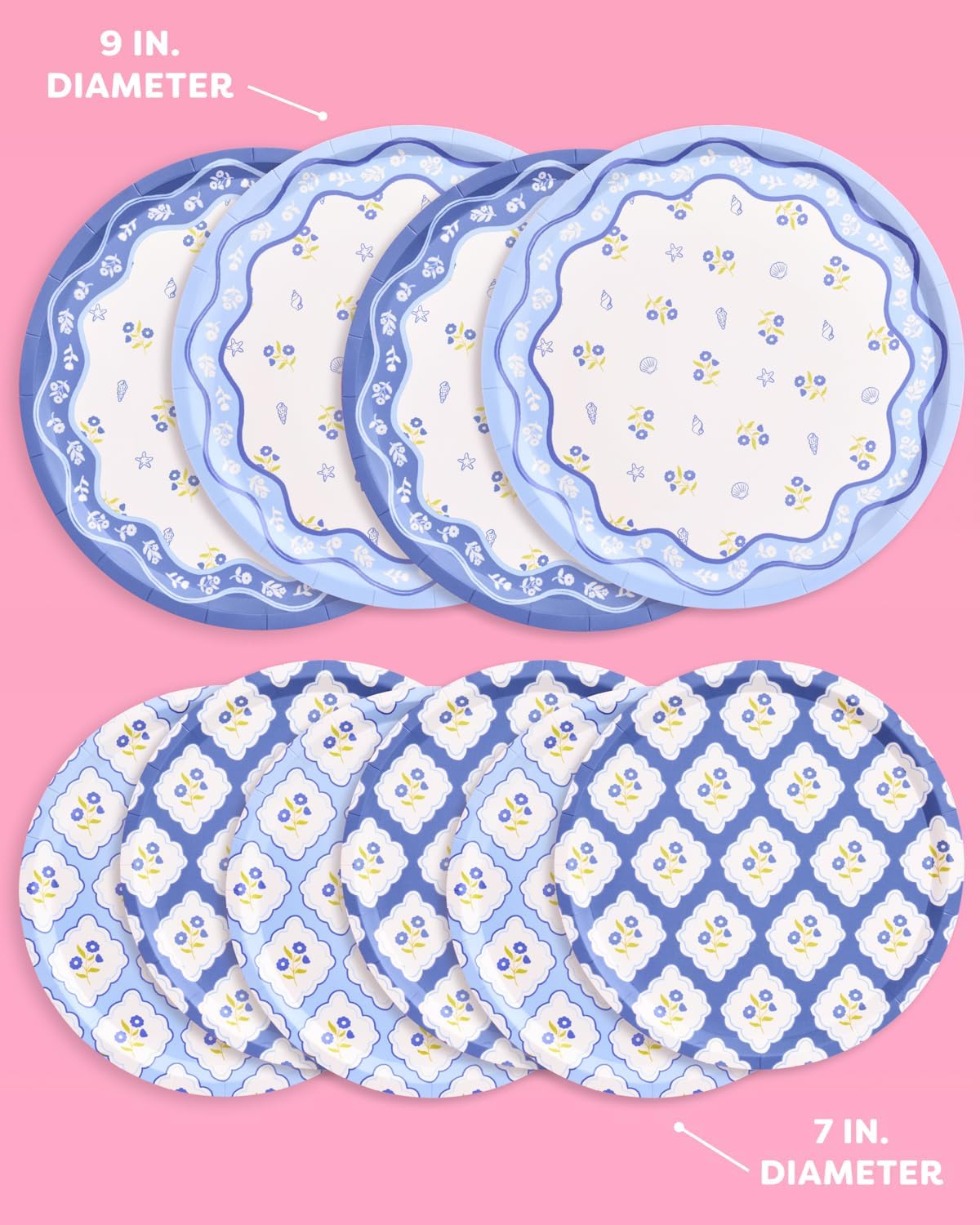 xo, Fetti Blue Coastal Paper Plates | 32 pcs, 2 sizes | Nautical Bachelorette Decorations, Seaside Dinner Party Setting, Beach Birthday Decor, Floral Tablescape