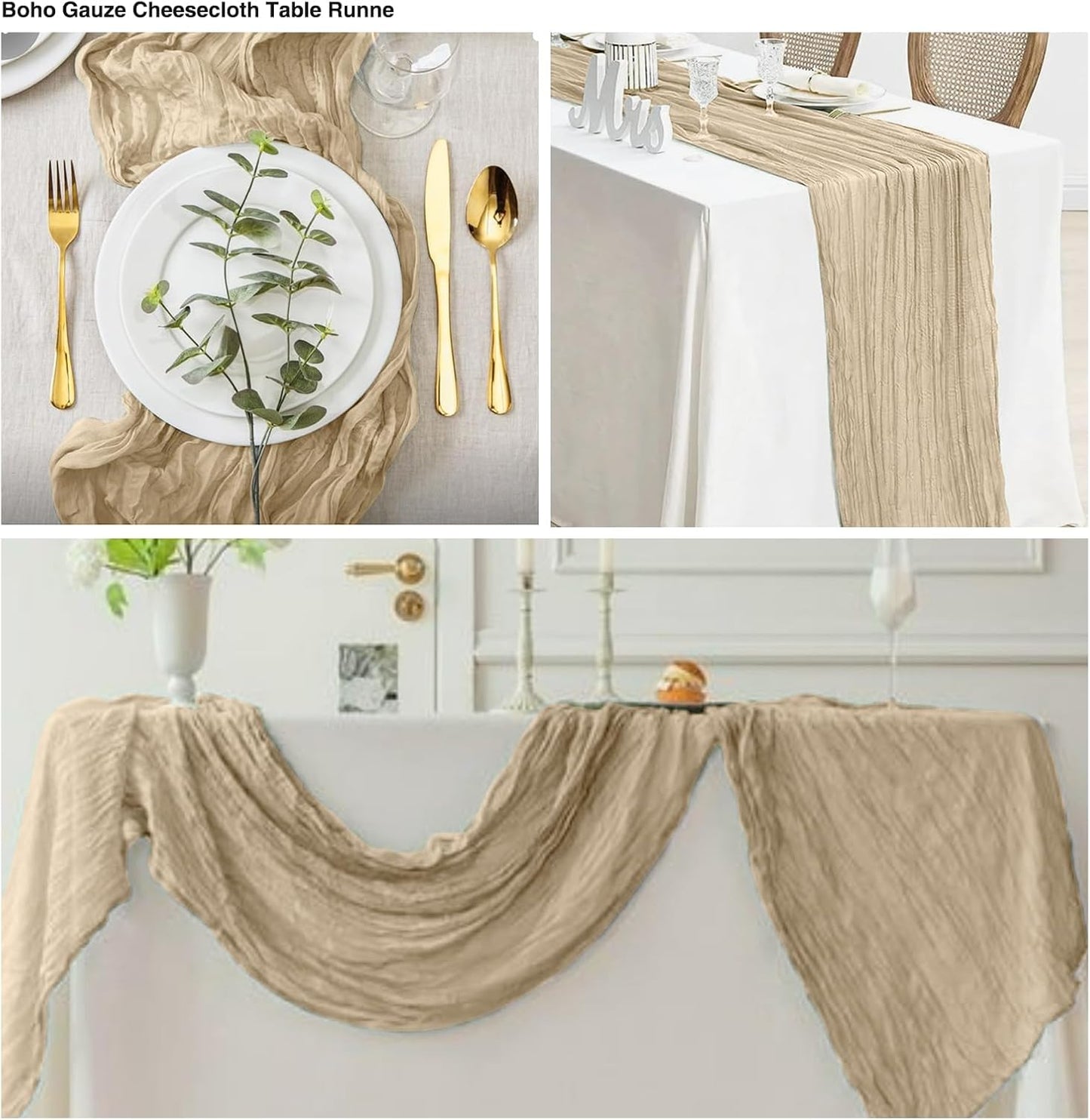 6 Pack Beige Cheesecloth Table Runner 21x120 Inch Boho Wrinkled Sheer Romantic Gauze Decor for Wedding, Bridal Shower, Birthday Party