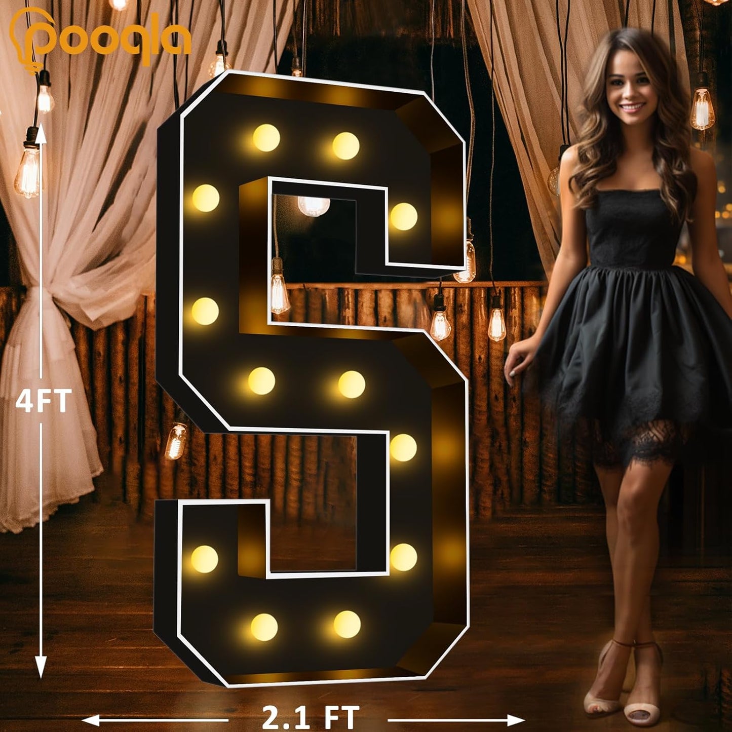 Pooqla 4 FT Marquee Light Up Letters, Black Letter Lights 4 Feet Tall, Giant Sign Big Mosaic for Balloons Birthday Party Anniversary Wedding Decorations, Warm White S