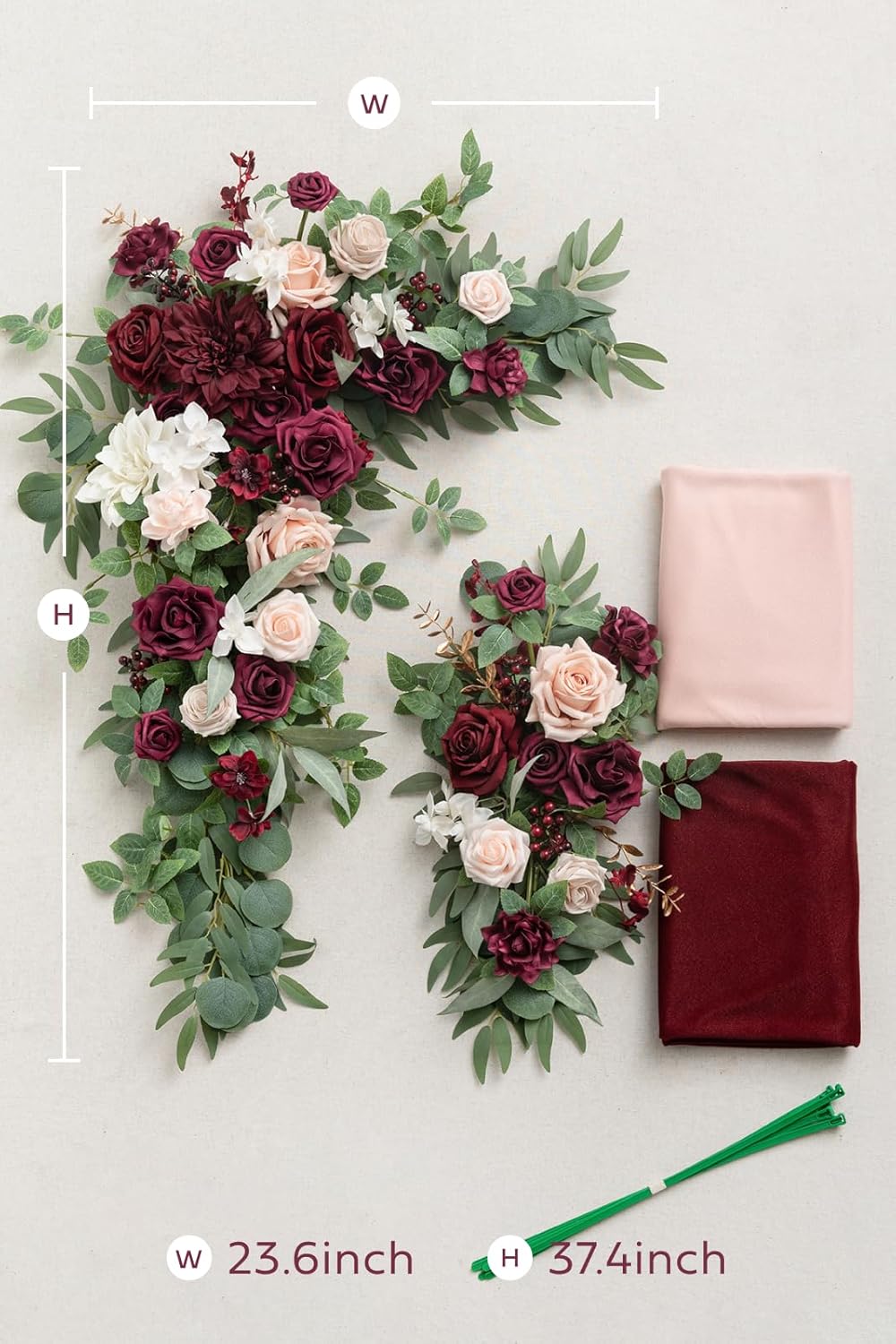 Ling's moment Red Pink Blush Artificial Wedding Arch Flowers Kit Pack of 4, 2pcs Hanging Flower Arrangement 2pcs Chiffon Drapes Ceremony Reception Fake Rose Arbor Backdrop Floral Party Outdoor Decor