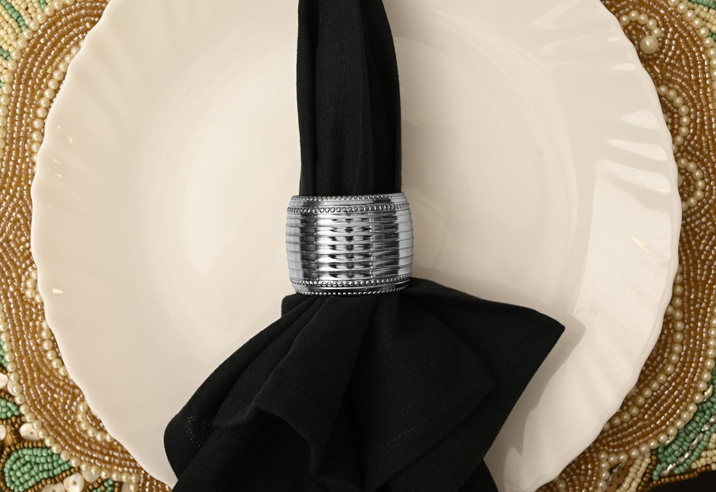 Silver Napkin Rings Set of 12, Beaded Napkin Rings - Rust Resistant, Durable Heavy Duty Napkin Holders for Family, Gatherings, Party, Farmhouse, Modern & Outdoor Dining Décor- ALPHA Living HOME