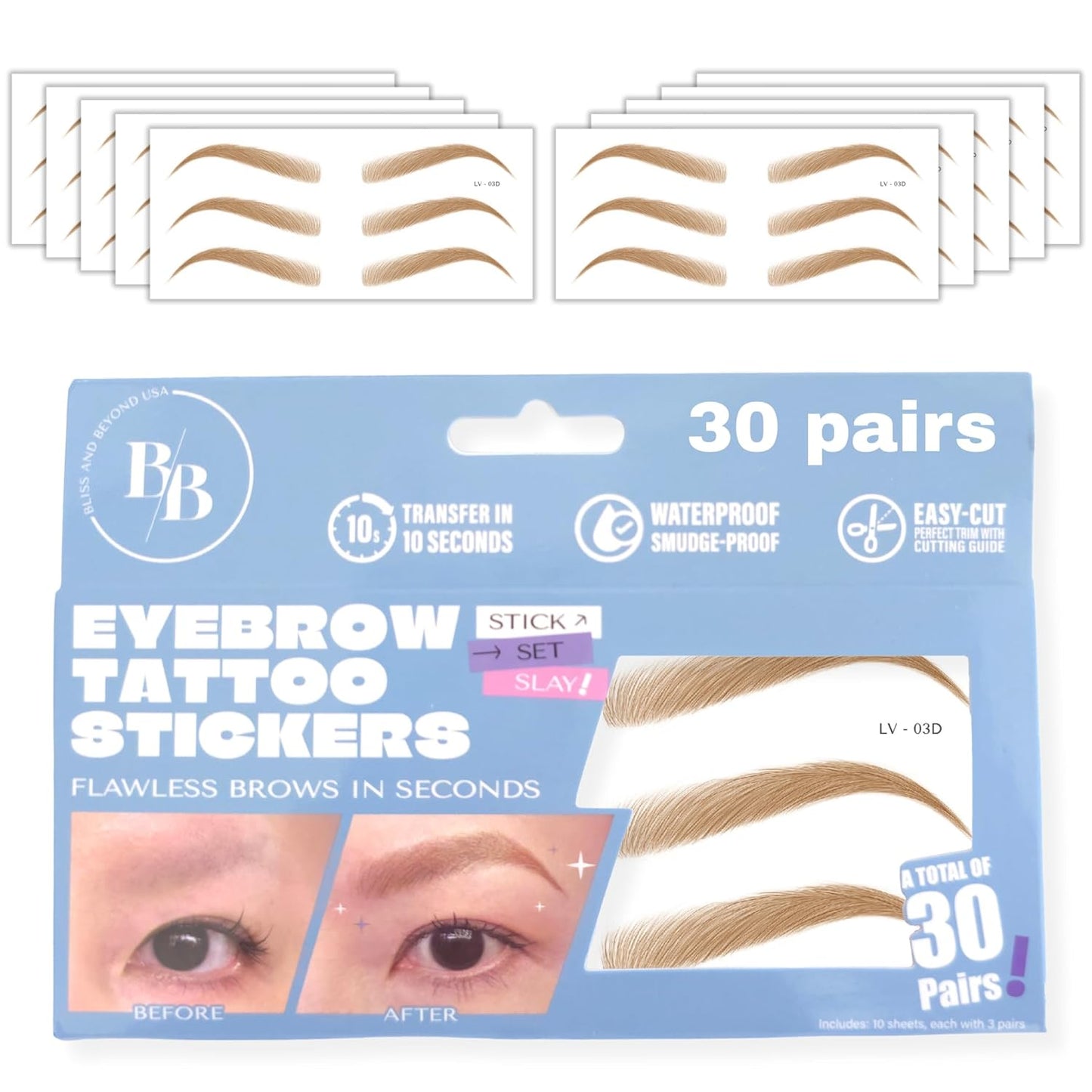 Bliss and Beyond USA Eyebrow Tattoo Stickers Waterproof – 30-Pair Deluxe Box | Realistic Hair-Like Temporary Brows for Alopecia, Cancer, and Hair Loss (Light Brown, Dramatic Las Vegas)