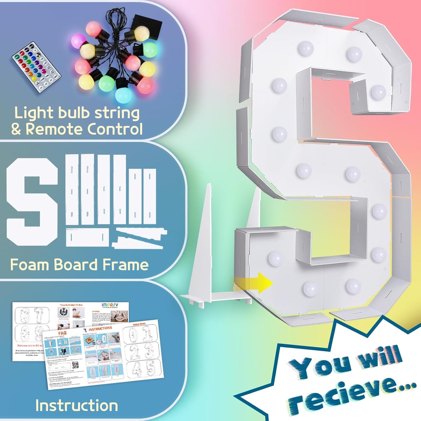 imprsv 4FT Colorful Marquee Light Up Letters S, 18 Colors Large Light up Letters Alphabet Sign with Remote, Large Marry Me Sign, Birthday Party Decorations Baby Shower Anniversary Wedding Decoration