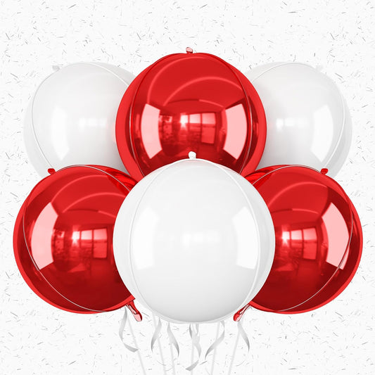 6Pcs Red White Round Foil Balloons,Giant 4D Round Ball Balloon,22 Inch Balloons for Mother's Day, Valentine's Day, Birthday, Wedding, Christmas Party Decorations