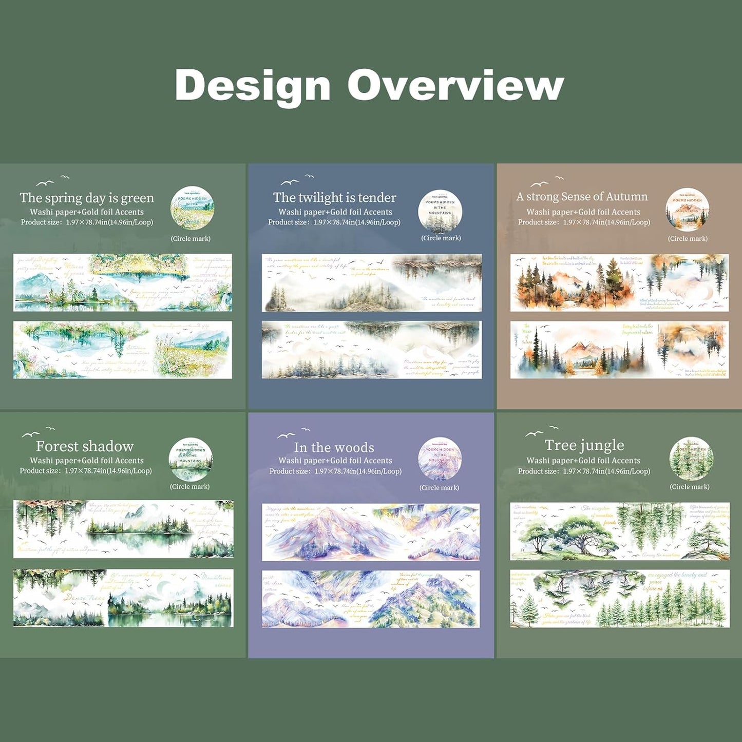 Mountain Forest Washi Tape Set, 6 Rolls with Poetic Text and Gold Foil Accents, Includes Clip for Scrapbooking, Journaling, and Planner Supplies