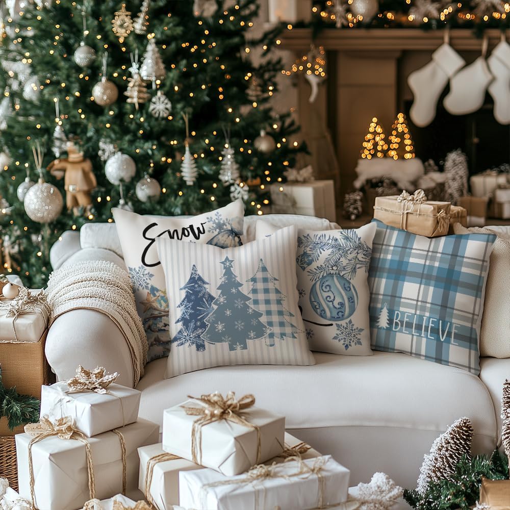 GEEORY Winter Christmas Throw Pillow Covers 18 x 18 Inch Set of 4, Xmas Trees Snowflake Snowman Joy Plaid Holiday Farmhouse Decorative Cushion Cases for Home Decoration G582-18