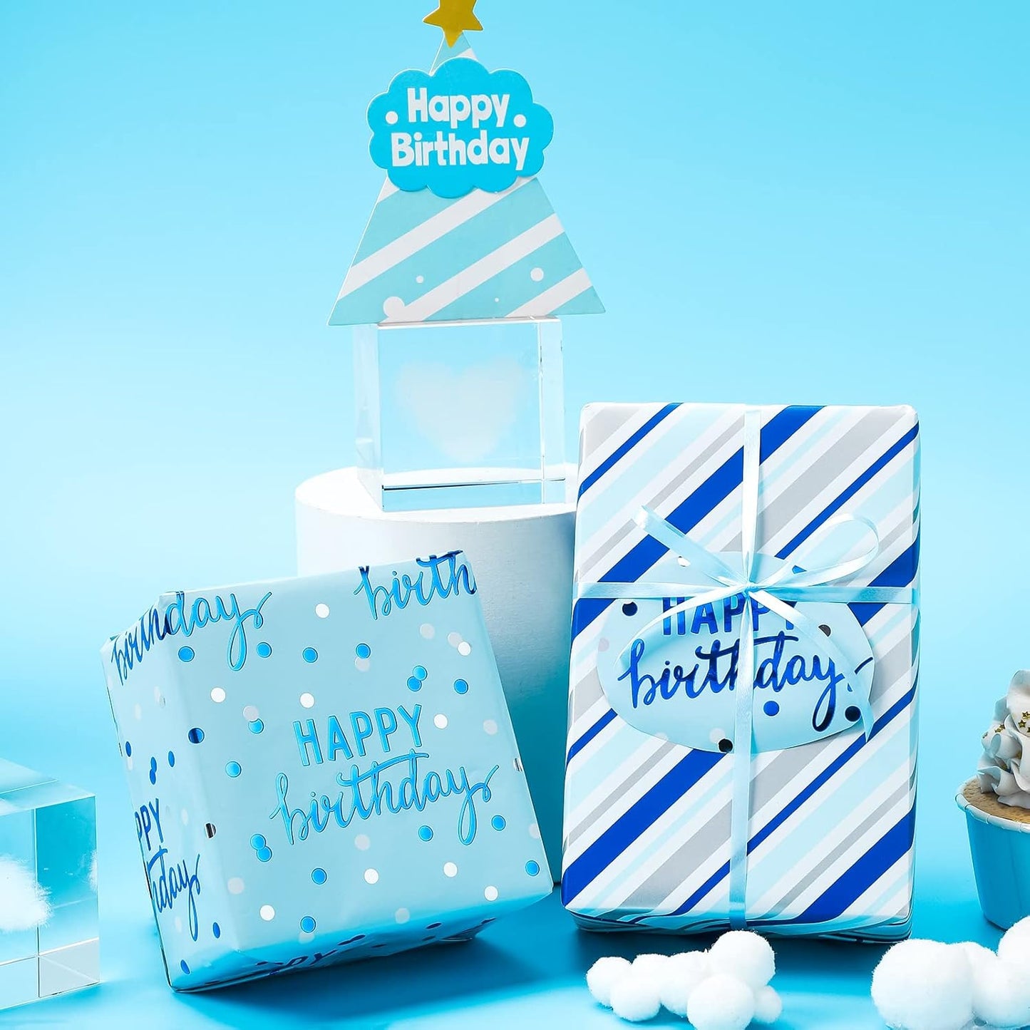 LeZakaa Reversible Blue Birthday Wrapping Paper Roll for Boys Men, Happy Birthday Lettering & Stripe Pattern with Metallic Foil in Blue, 30in x 32.8Ft