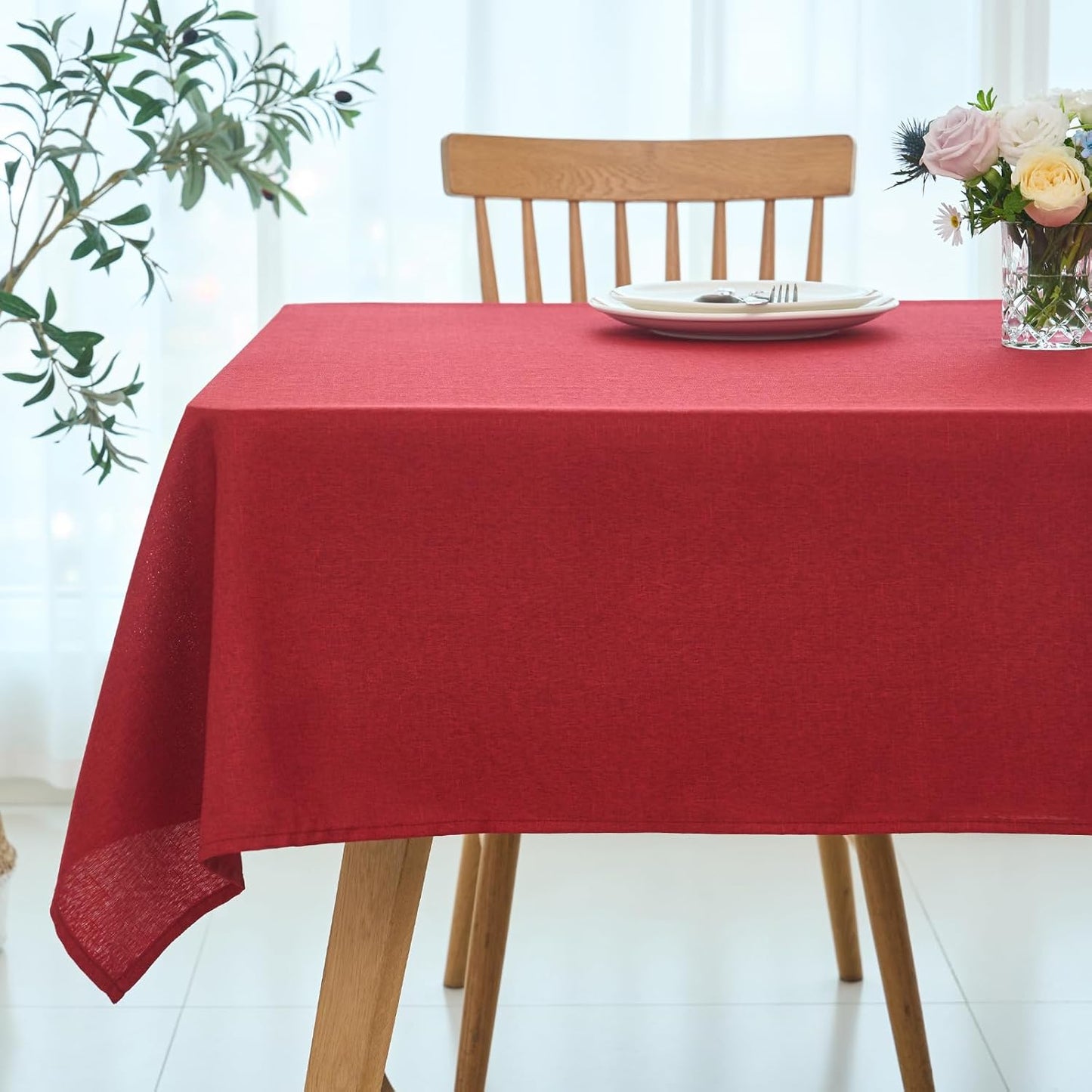 maxmill Linen Texture Tablecloth Stain Resistant Waterproof Wrinkle Free Spillproof Washable Slubby Texture Christmas Table Cloth for Dining Room, Holiday Party Dinner, Rectangle 60 x 140 Inch, Red