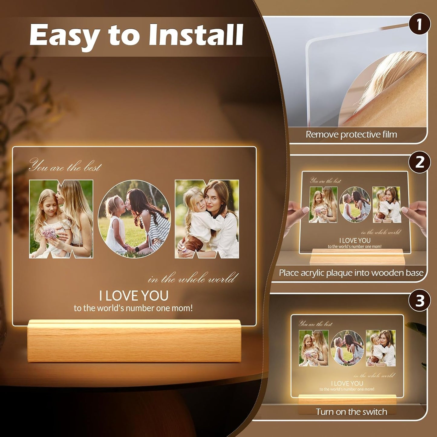 Custom Picture Frames with Photo, Personalized MOM Photo Frame with Night Light, Customized Picture Frame, Personalized Birthday Gifts for Mom, Baby, Kids, Family