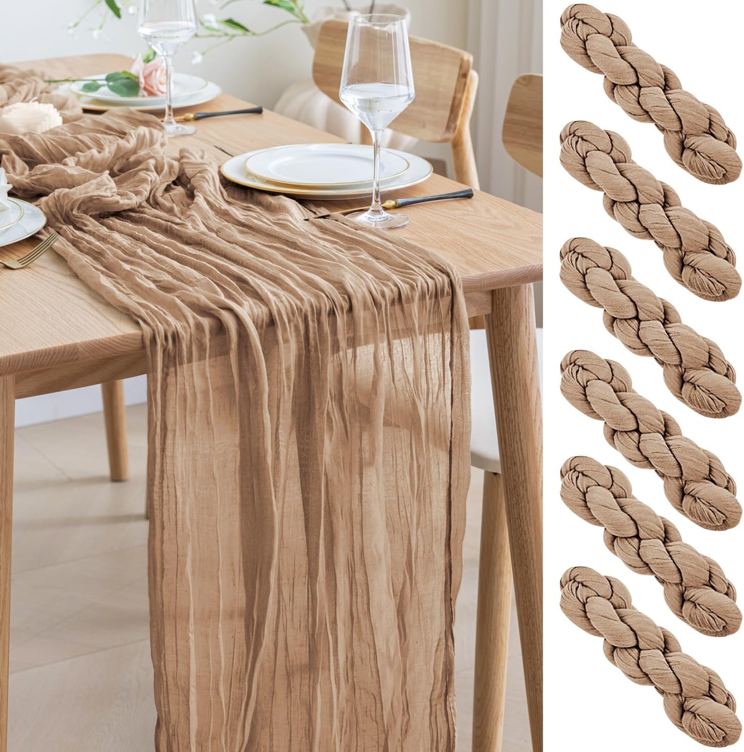 Asee'm 6pcs Cheesecloth Table Runner 120 Inches Long Nude Boho Gauze Cheese Cloth Runner 10FT Rustic Sheer Table Runners for Christmas Wedding Party Baby Shower Spring Easter Decoration