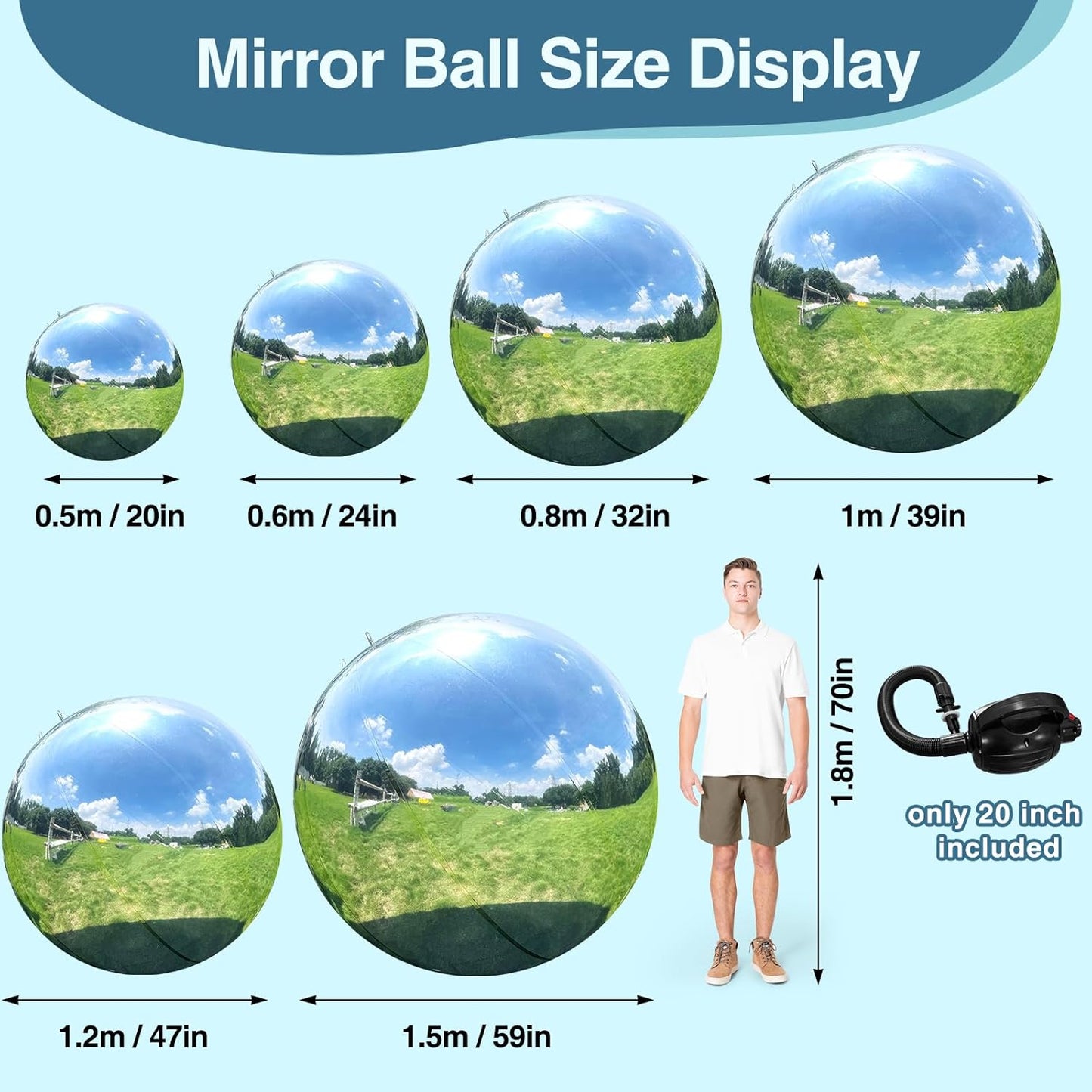 Inflatable Mirror Ball, Silver Big Shinny Balls Reusable Large PVC Disco Ball Balloon for Large Event Decoration, Party, Wedding Decor, Concerts, Stage (1 Pcs, 1.2m/47.2in Without Air Pump)