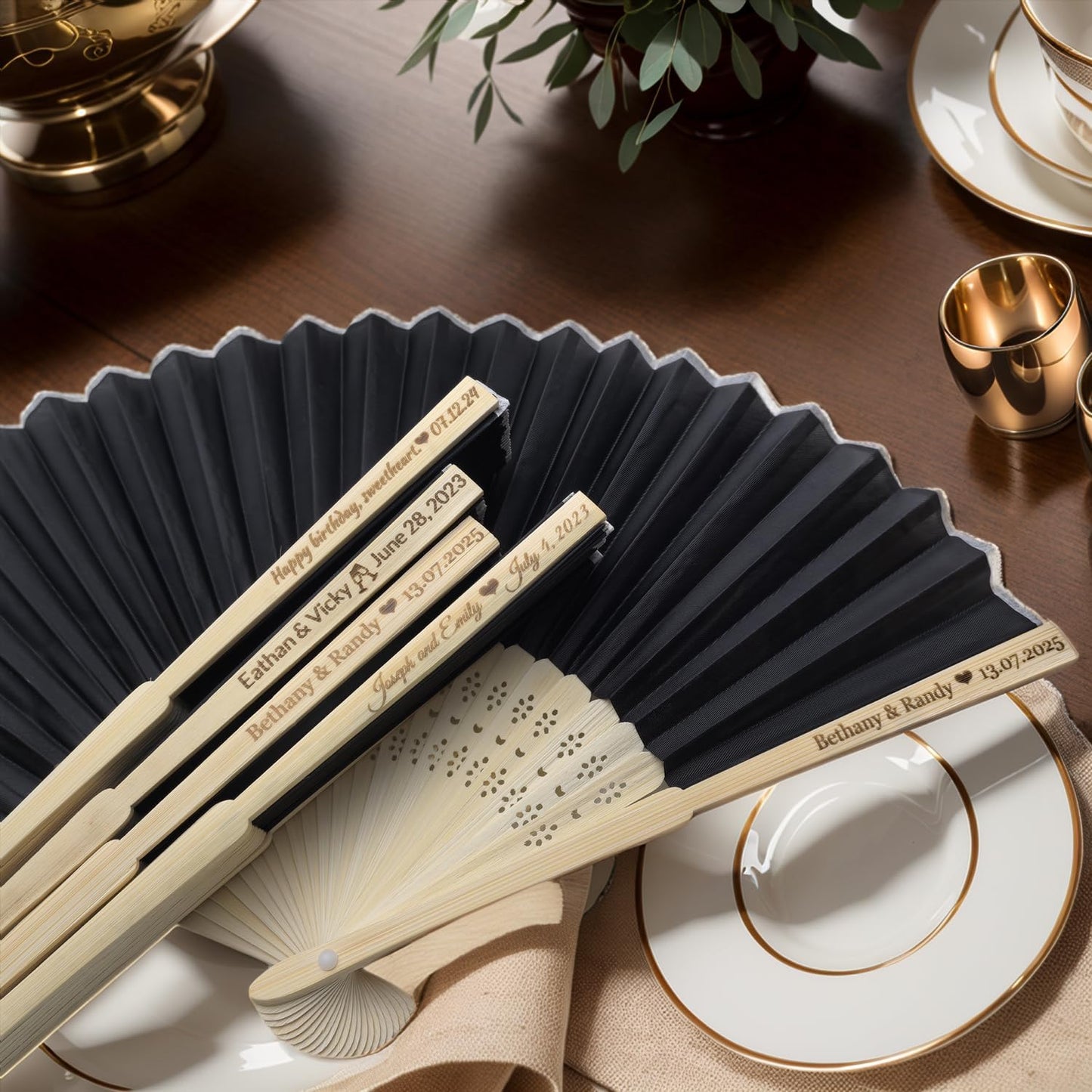20Pcs Personalized Silk Fans Folding Hand Fan, Custom Wedding Bridal Party Favors, Summer Wedding Bride, Wedding Gift, Thank You Gift (Black)