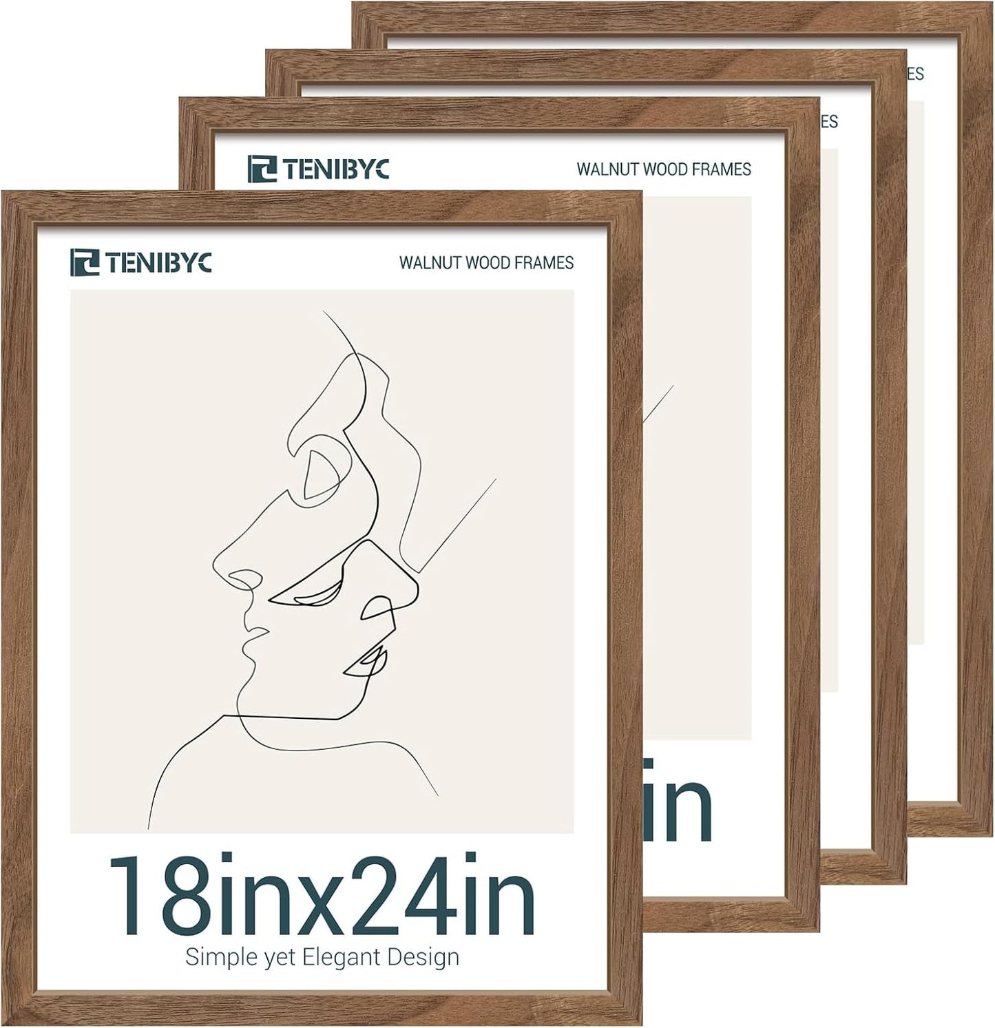 18x24 Frame Walnut 4 Pack, Brown Wood 18 x 24 Poster Frame, Display Pictures, Posters, Puzzles, Horizontal or Vertical Wall Hanging