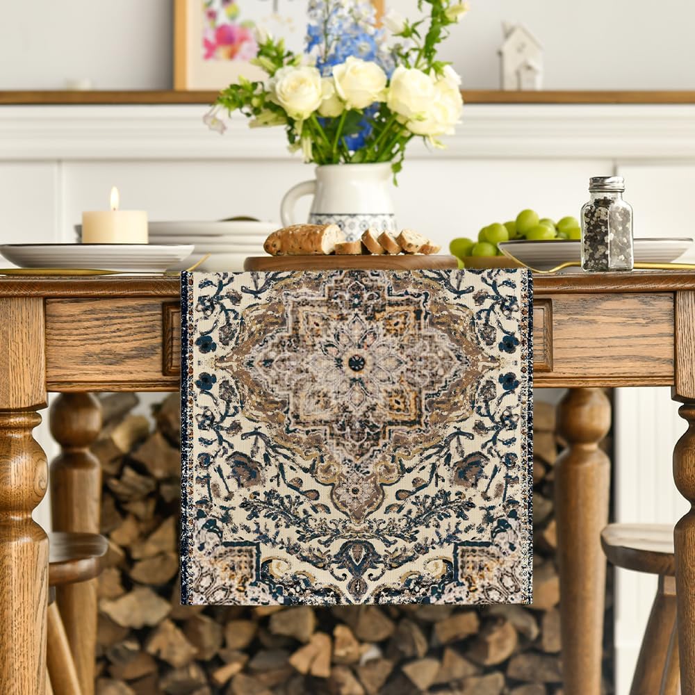 Artoid Mode Dark Blue Boho Bohemia Style Table Runner, Country Rustic Farmhouse Magical Halloween Kitchen Dining Table Decoration for Home Party Decor 13x72 Inch