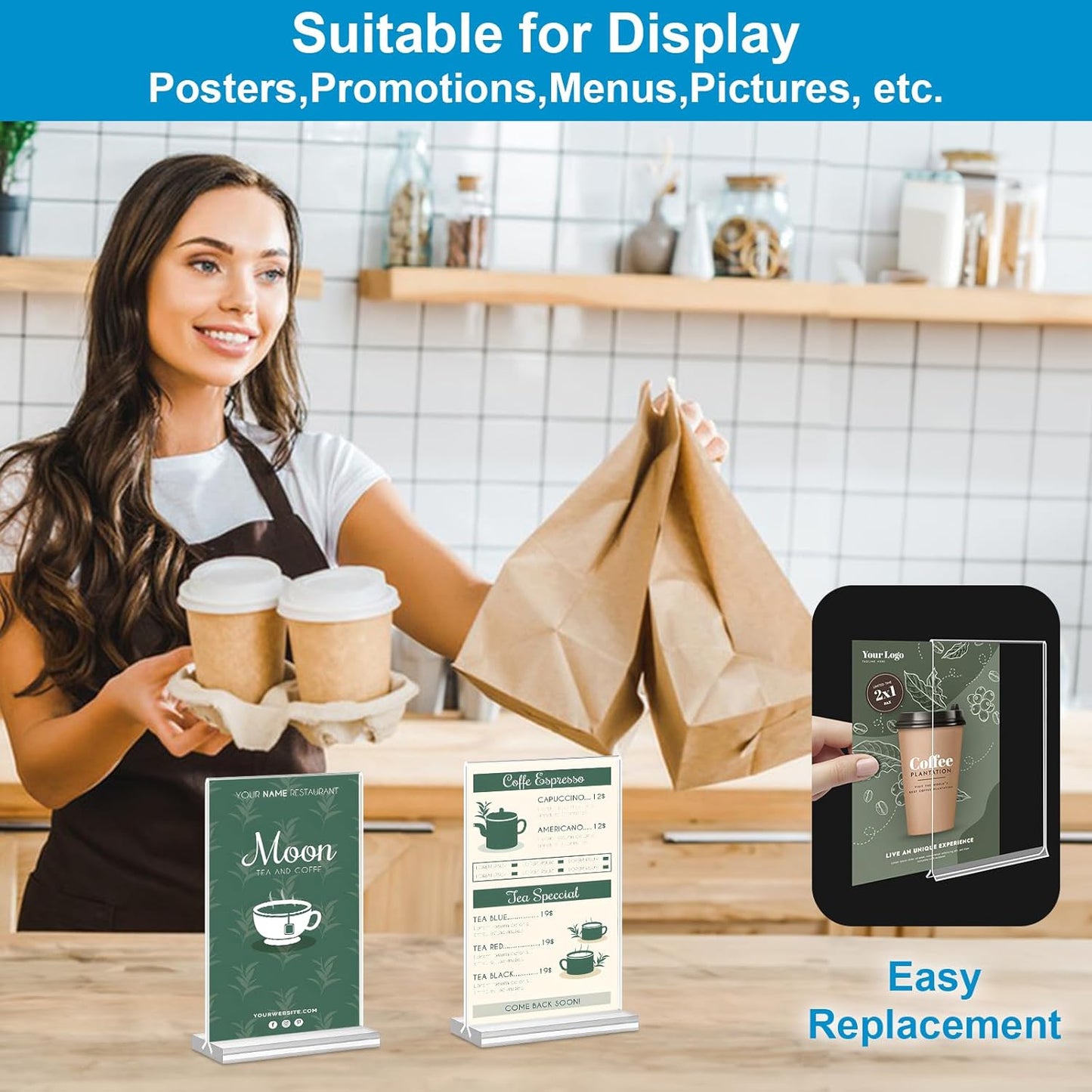 Acrylic Sign Holder 4x6, 16 Pack Clear Double Sided Clear Table Menu Vertical Display Stand Desktop Display Stand Paper Holder Table Sign Holder Suitable for Restaurants Office Store Show Fair