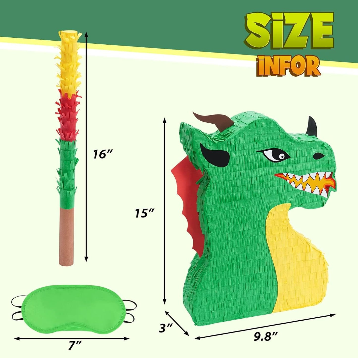 WERNNSAI Dragon Piñata - Dinosaur Party Supplies Dino Piñata Bundle with Blindfold and Stick for Boys Kids Dragon Theme Birthday Party Game Decorations (15.5" x 10" x 3")