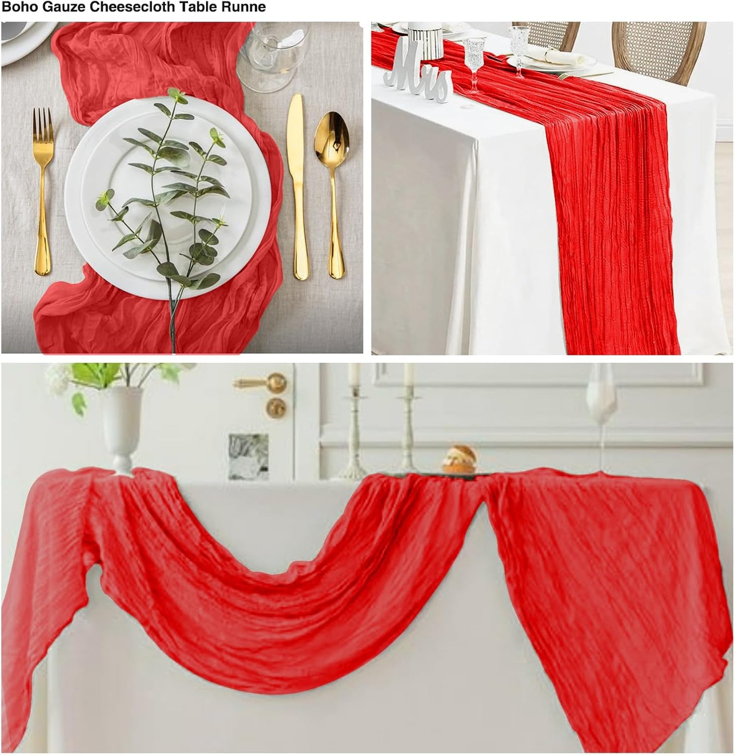 6 Pack 10ft Red Cheesecloth Table Runner 21x120 Inch Boho Wrinkled Sheer Romantic Gauze Decor for Wedding, Bridal Shower, Birthday Party