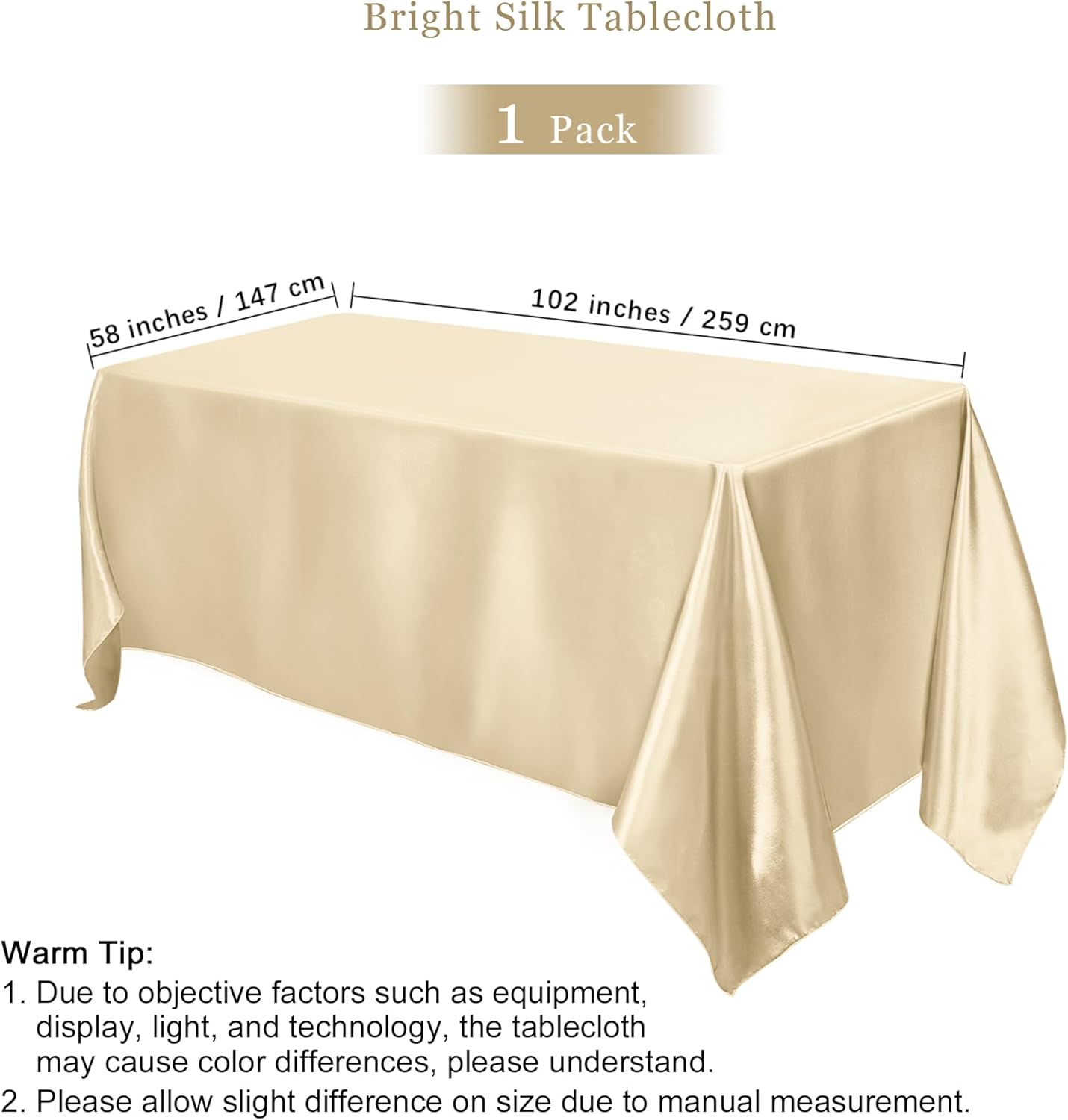 TURSTIN 1 Pack Champagne Satin Tablecloth 102 x 58 Inch Overlay Satin Table Cover Rectangle Bright Silk Tablecloth Smooth Fabric Table Decoration for Wedding Banquet Party Events
