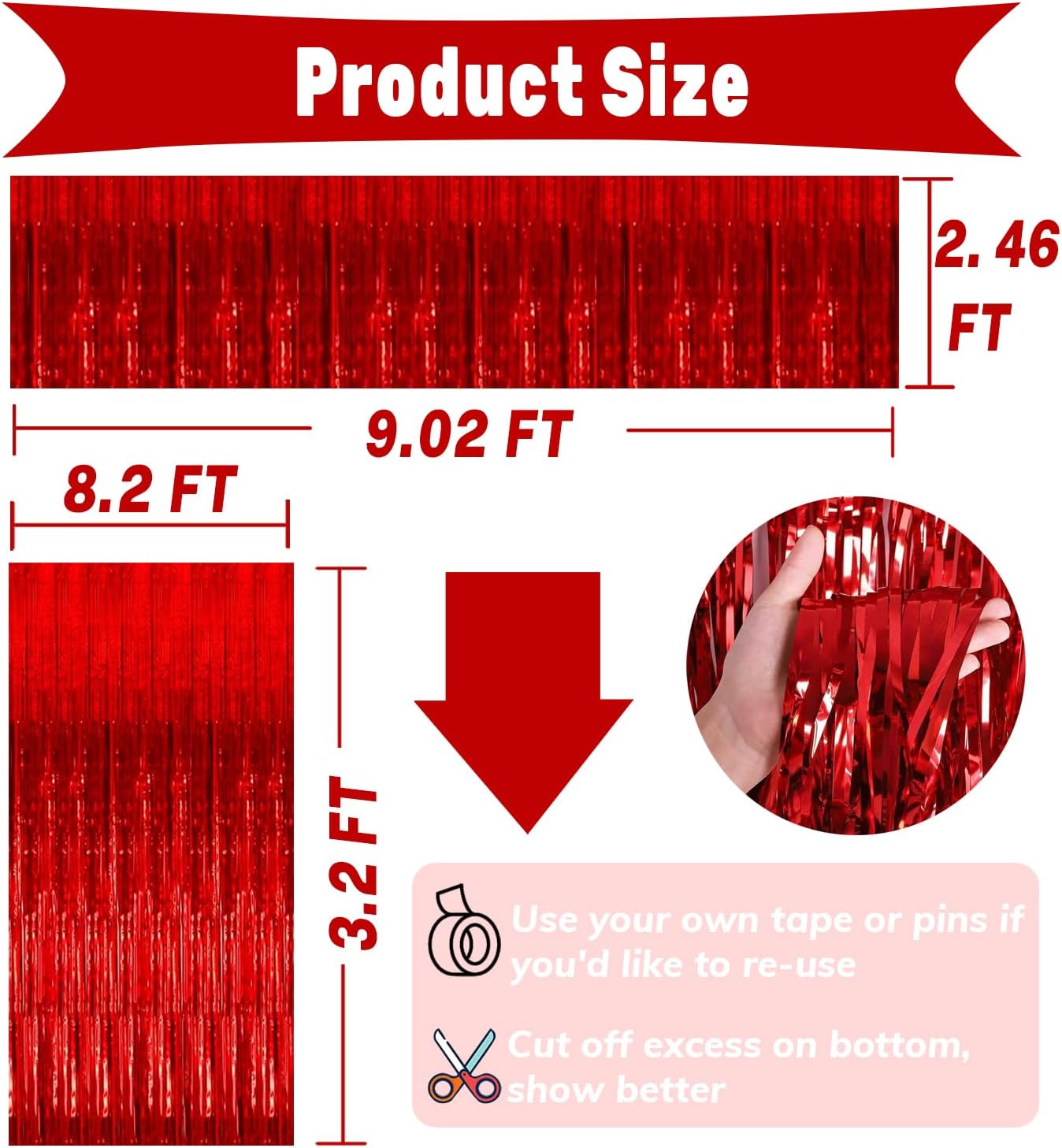 4P Metallic Foil Fringe Tinsel Table Skirts for Rectangle Tables Backdrop Banner Tinsel Streamer Garland Curtains for Parade Floats Wedding Graduation Anniversary Birthday Parties Decoration (Red)