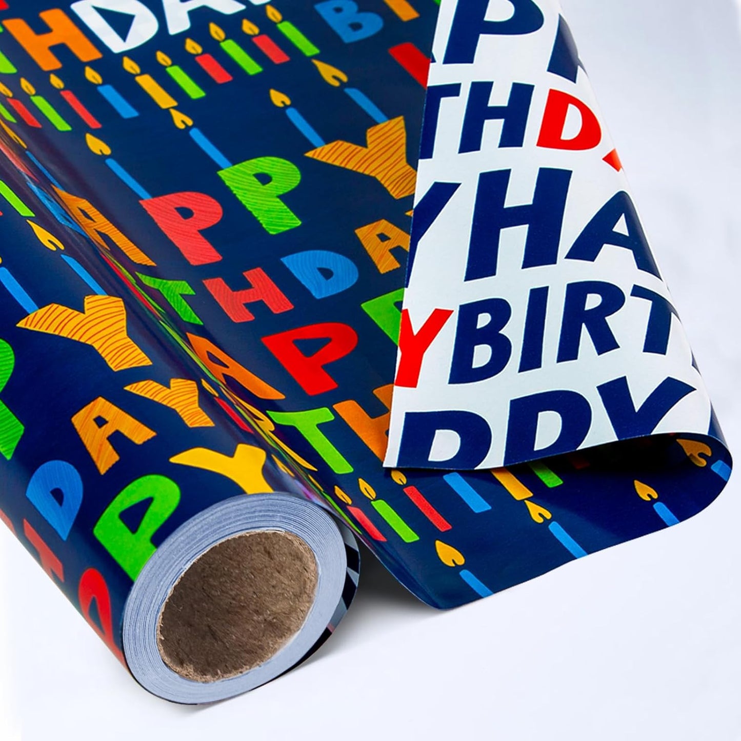 Birthday Wrapping Paper Roll - 30 Inch X 33 Feet - Reversible Metallic Foil Navy Blue Party Hat Theme Boy Gift Wrap Paper Blue Polka Dot Men Present Sheet for Kid Birthday, Party, Holiday, Celebration