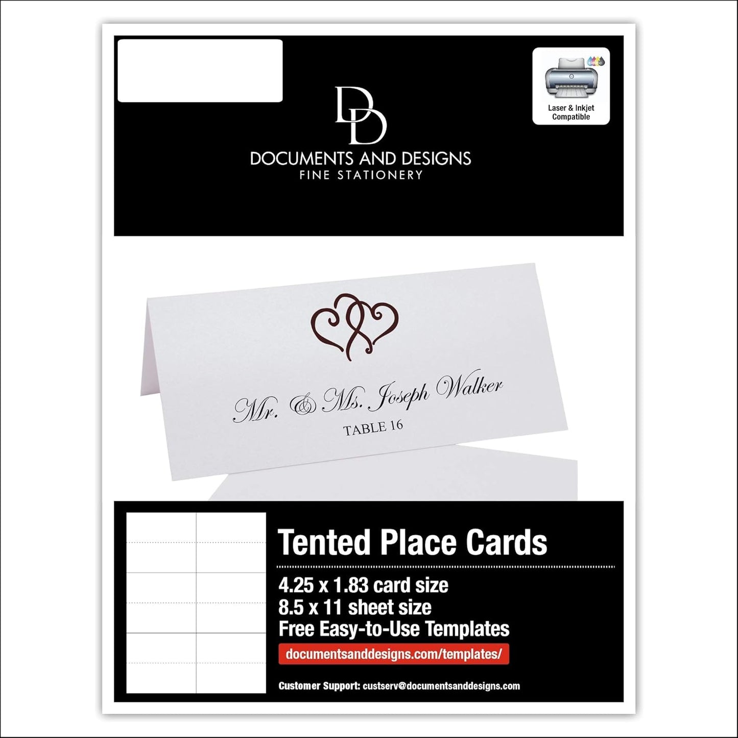 Linked Hearts Printable Place Cards, Chocolate (Choose Color), Set of 150 (25 Sheets), Laser & Inkjet Printers - Wedding, Party, Dinner, and Special Events - Made in the USA
