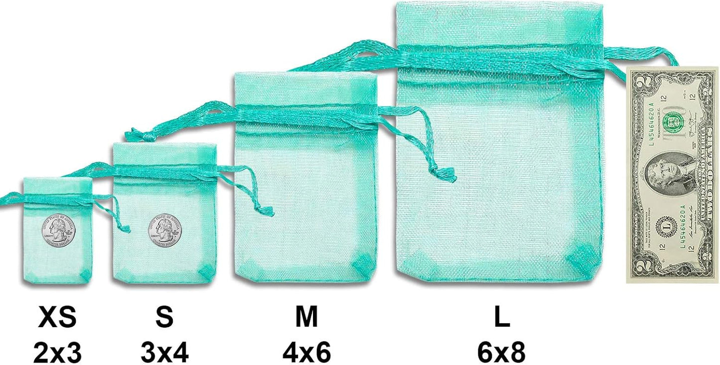 TheDisplayGuys 100-Pack XS XS 2x2 3/4" Teal Sheer Organza Gift Bags with Drawstring, Jewelry Candy Treat Wedding Party Favors Mesh Pouch