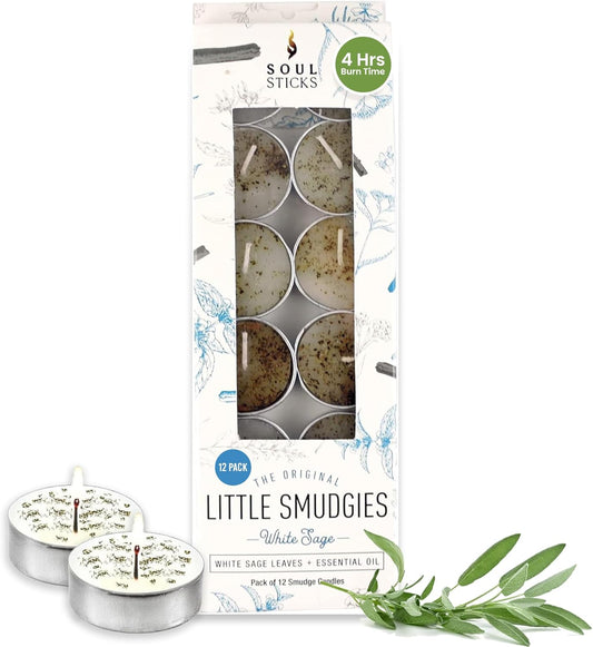 SOUL STICKS 12 Pack Little Smudgies Tealight Candles Smudge Candle for Cleansing House, Meditation, Chakra Healing | Made with Crystals and Herbs (White Sage)