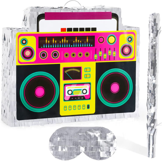 Boombox Pinata with Stick & Hanging Loop Retro 90s Hip Hop Mexican Pinata Game for Back to the 80s Party Nostalgia Large Radio Gifts 70' Theme Birthday Party Decorations Supplies