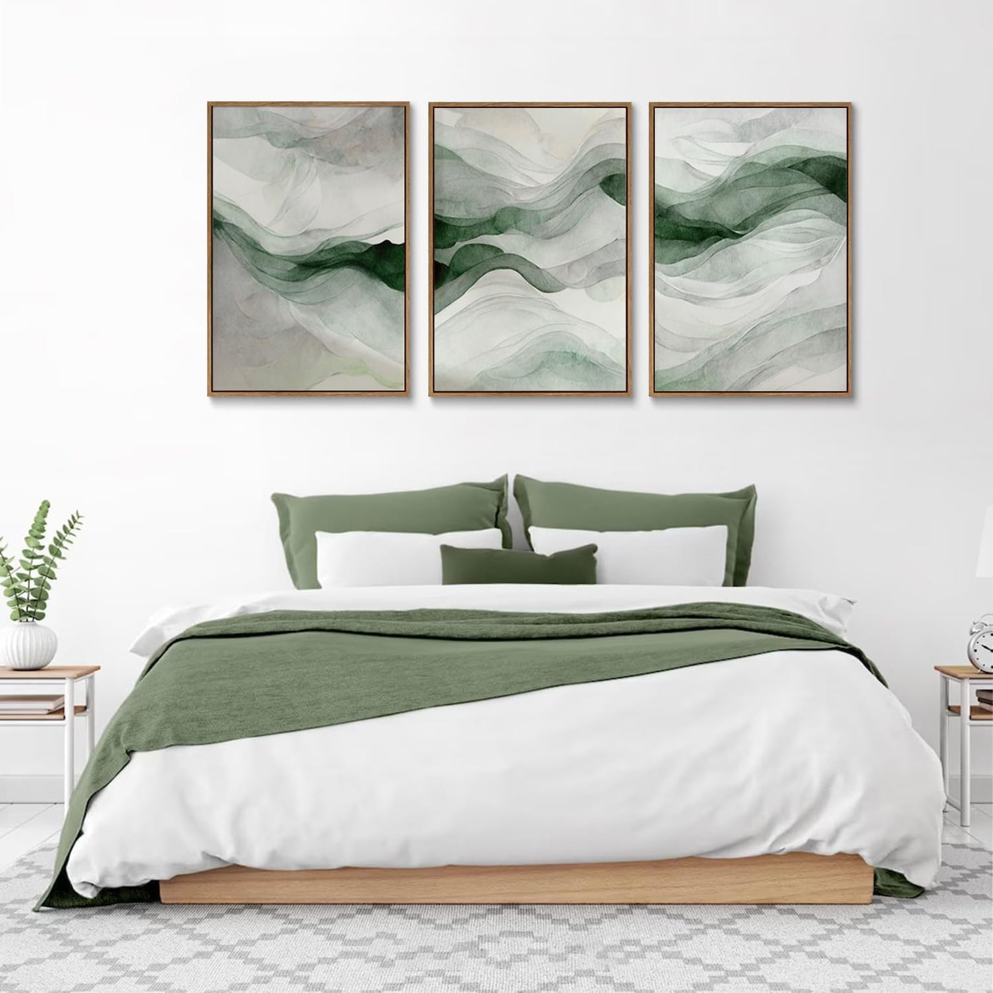 myusuar 3 Piece Large Abstract Framed Wall Art For Living Room, Smoke Texture Ink Teal Soft Green Canvas Wall Art Modern Minimalist Art Prints Wall Décor For Bedroom Office 12x16in