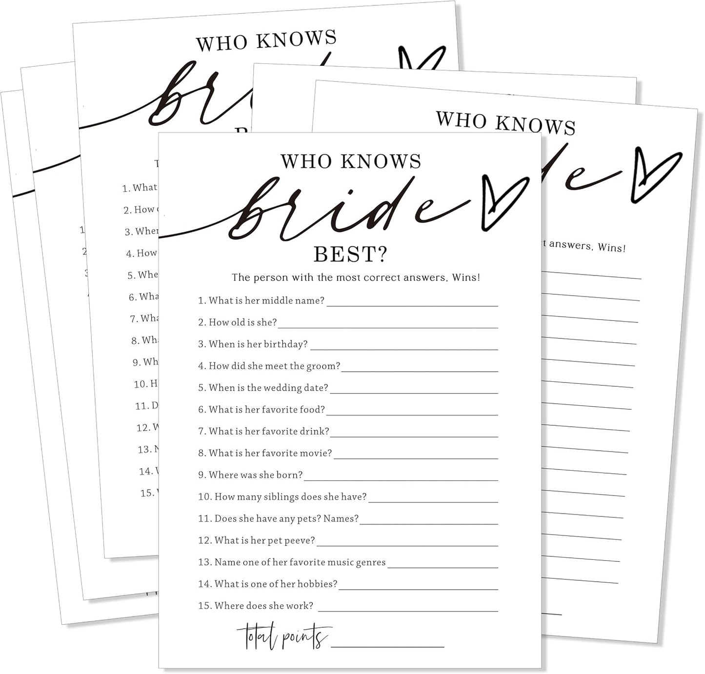 Fun Wedding Shower Games Cards Who Knows The Bride Best Engagement Party Wedding Game Bridal Shower Games 25 Guests Minimalist White Newlywed Party Supplies and Decorations - A05