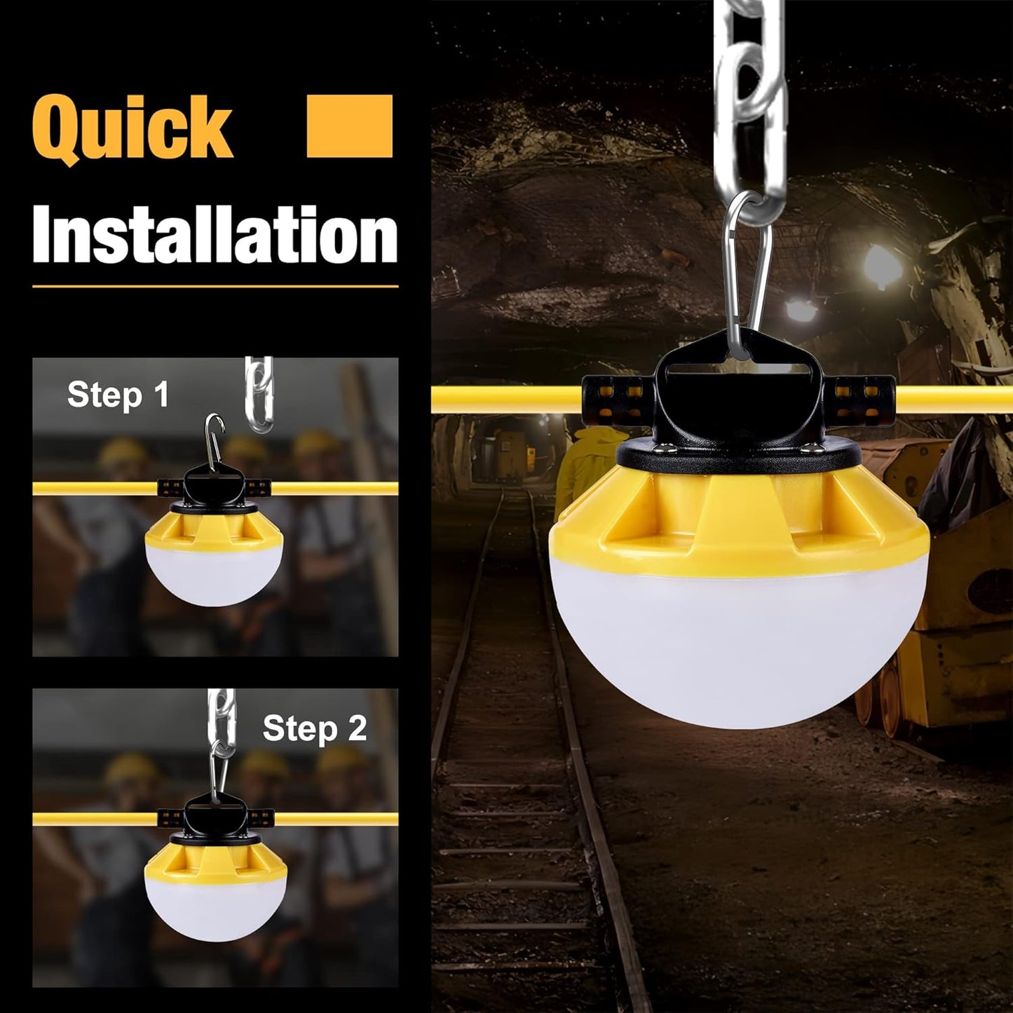 100FT Construction String Lights, IP65 Waterproof ETL Certified LED String Work Lights, 5000K Daylight 18AWG Wire Linkable Temporary Construction Lighting for Jobsite with 10 Bulbs & Hooks
