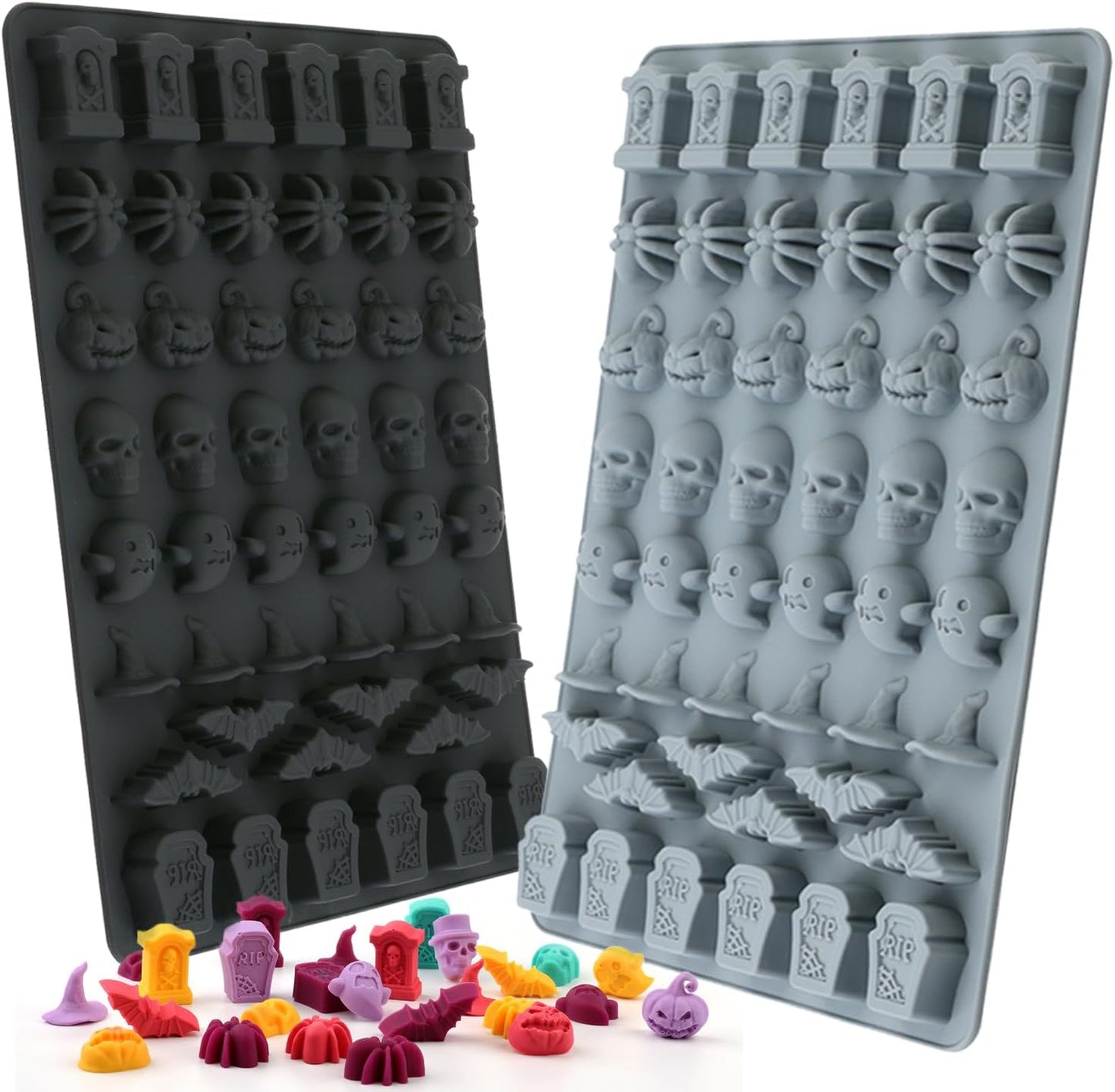 (2 Pack) Silicone Halloween Molds, 96-Cavity Pumpkin Ghost Wizard Hat Bat Spider Tombstone Skull Halloween Silicone Gummy Molds For Chocolate, Fondant, Cupcake Decoration, Biscut - Black&Gray