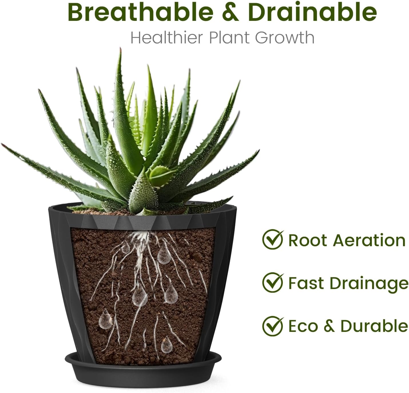 12 Pack 4 Inch Small Plant Pots with Saucers, Waffle Texture Plastic Planters with Drainage Holes for Indoor and Outdoor Plants, Flowers, Herbs, Succulents, and Seedlings, Black