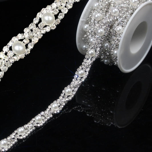 PEARLY JUN 2 Yards Pearl Rhinestone Trim Chain Silver Crystal Fringe Diamond Applique Ribbon String Tassel Strip for Sewing Wedding Dress Crafting Crafts Flower Embellishments
