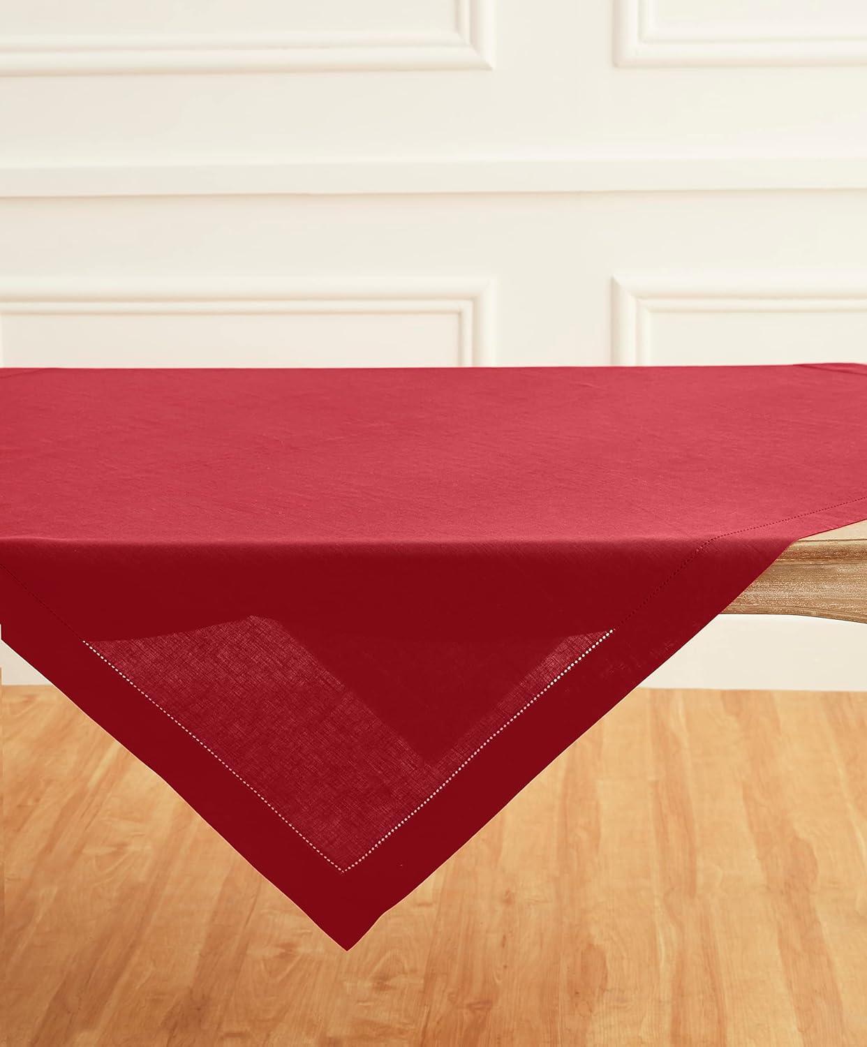 Solino Home Red Linen Tablecloth 52 x 52 Inch - 100% Pure Linen Square Table Throw - Classic Hemstitch, Machine Washable Table Cloth for Christmas